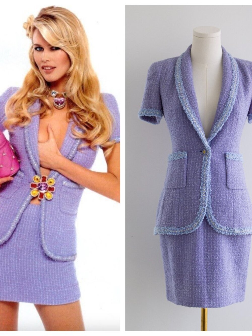 Chanel Vintage S/S 1995 Barbie Periwinkle Lavender Tweed 95P Jacket Skirt Suit